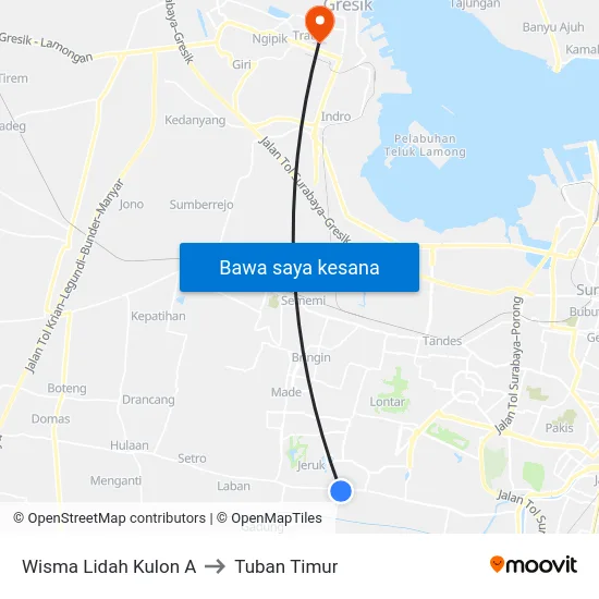 Wisma Lidah Kulon A to Tuban Timur map