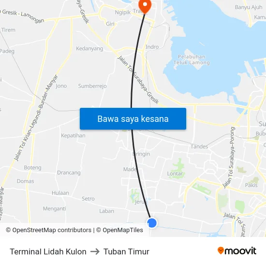 Terminal Lidah Kulon to Tuban Timur map