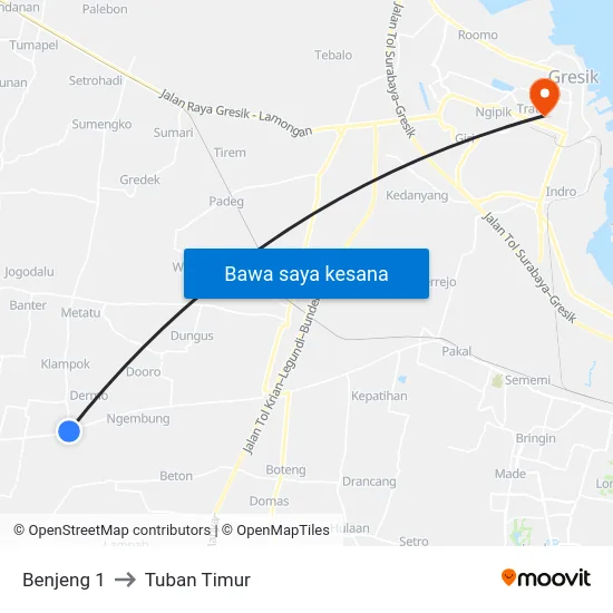 Benjeng 1 to Tuban Timur map