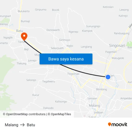 Malang to Batu map