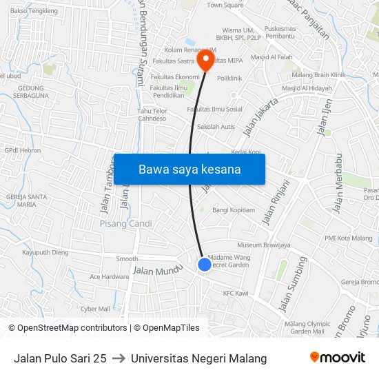 Jalan Pulo Sari 25 to Universitas Negeri Malang map