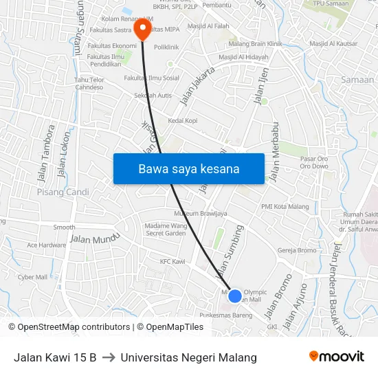 Jalan Kawi 15 B to Universitas Negeri Malang map