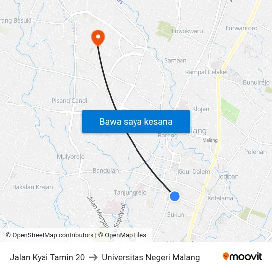 Jalan Kyai Tamin 20 to Universitas Negeri Malang map