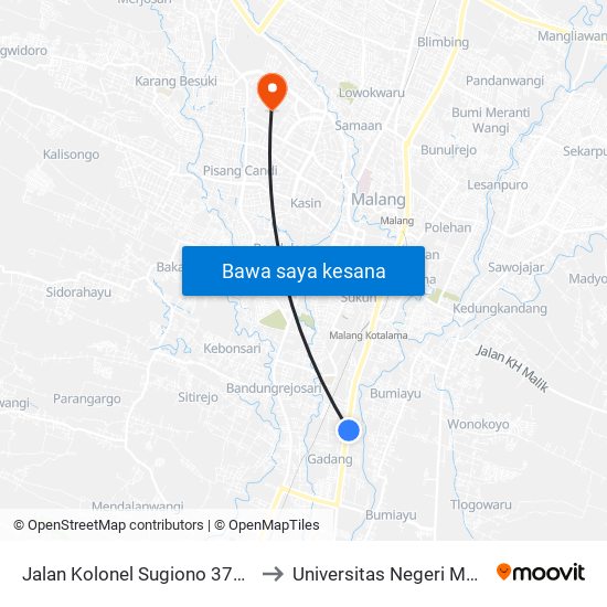 Jalan Kolonel Sugiono 377-387 to Universitas Negeri Malang map