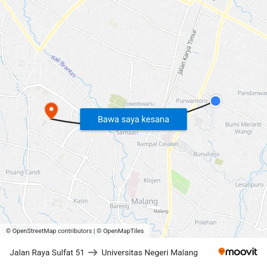 Jalan Raya Sulfat 51 to Universitas Negeri Malang map