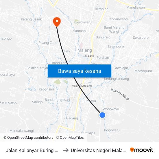Jalan Kalianyar Buring 79 to Universitas Negeri Malang map