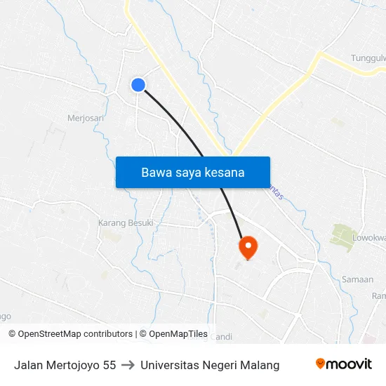 Jalan Mertojoyo 55 to Universitas Negeri Malang map