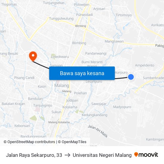 Jalan Raya Sekarpuro, 33 to Universitas Negeri Malang map