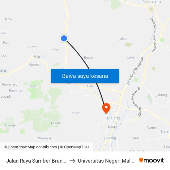 Jalan Raya Sumber Brantas to Universitas Negeri Malang map