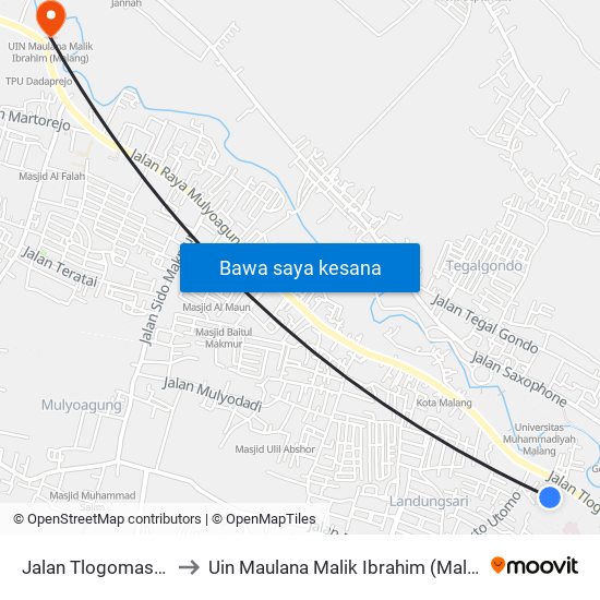 Jalan Tlogomas A1 to Uin Maulana Malik Ibrahim (Malang) map