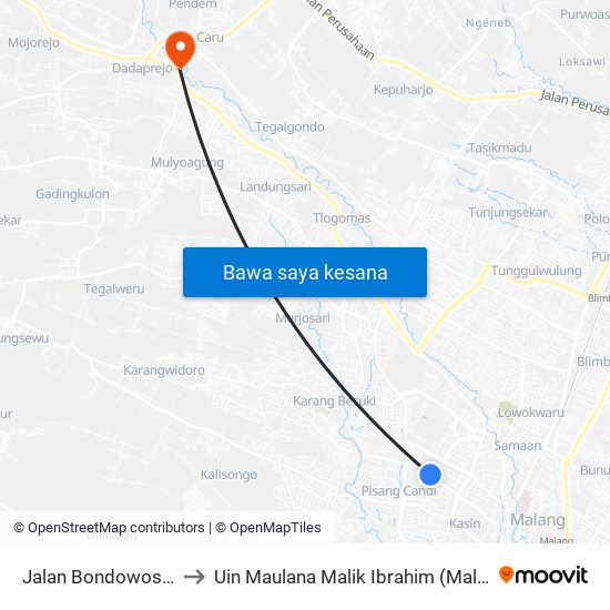 Jalan Bondowoso 2 to Uin Maulana Malik Ibrahim (Malang) map