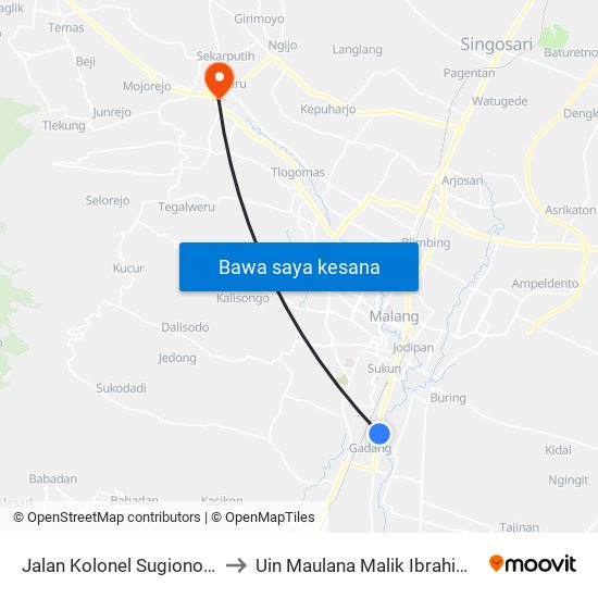 Jalan Kolonel Sugiono 377-387 to Uin Maulana Malik Ibrahim (Malang) map