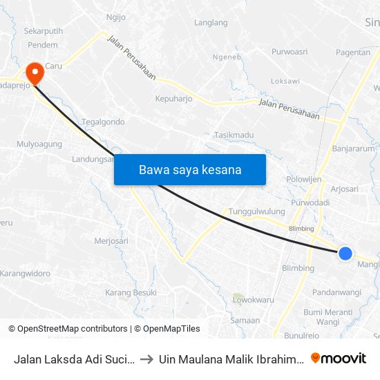 Jalan Laksda Adi Sucipto 308 to Uin Maulana Malik Ibrahim (Malang) map