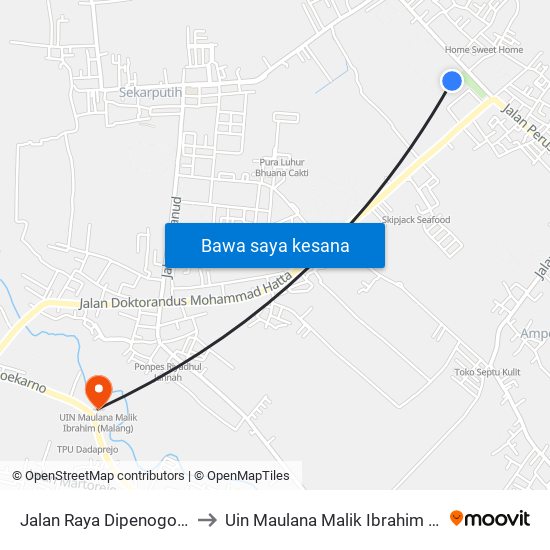 Jalan Raya Dipenogoro 28 B to Uin Maulana Malik Ibrahim (Malang) map