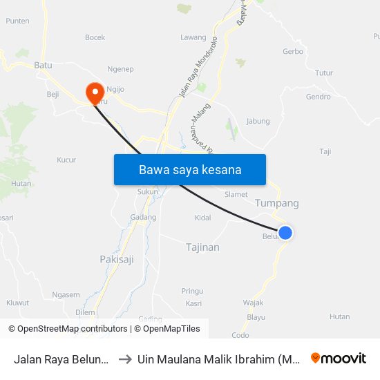 Jalan Raya Belung 17 to Uin Maulana Malik Ibrahim (Malang) map