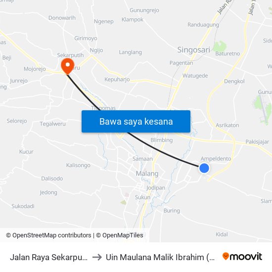 Jalan Raya Sekarpuro, 33 to Uin Maulana Malik Ibrahim (Malang) map