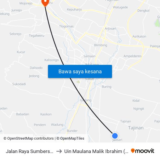 Jalan Raya Sumbersuko 16 to Uin Maulana Malik Ibrahim (Malang) map