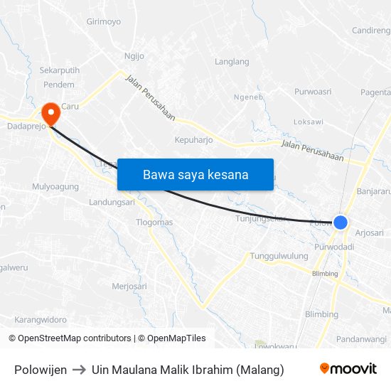 Polowijen to Uin Maulana Malik Ibrahim (Malang) map