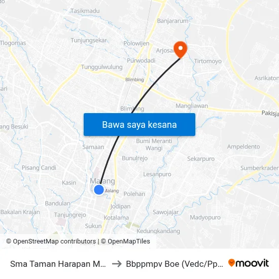 Sma Taman Harapan Malang to Bbppmpv Boe (Vedc/Pppptk) map