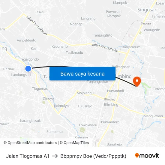 Jalan Tlogomas A1 to Bbppmpv Boe (Vedc/Pppptk) map