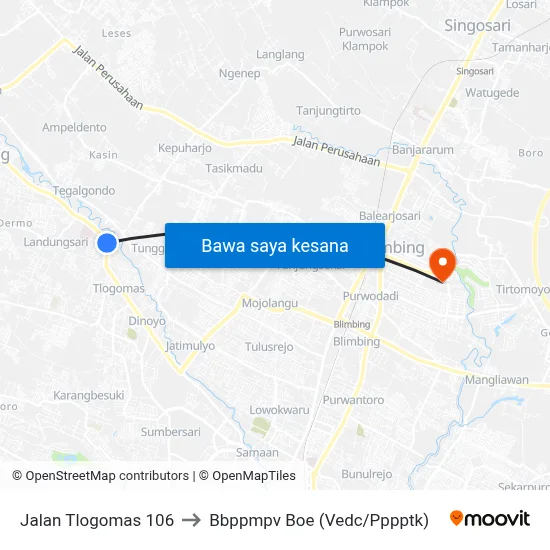Jalan Tlogomas 106 to Bbppmpv Boe (Vedc/Pppptk) map