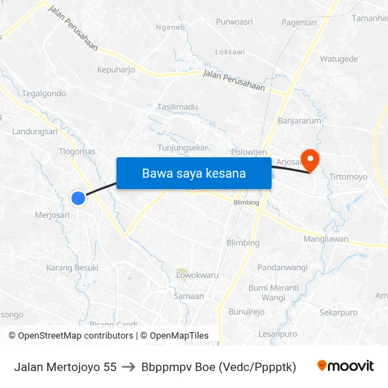 Jalan Mertojoyo 55 to Bbppmpv Boe (Vedc/Pppptk) map