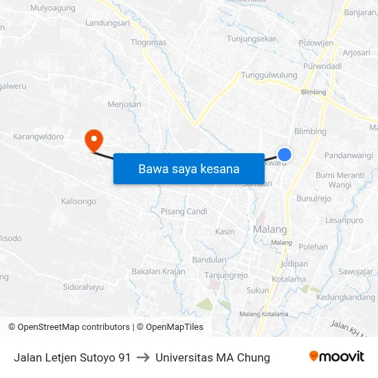 Jalan Letjen Sutoyo 91 to Universitas MA Chung map