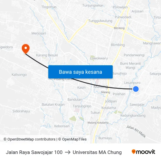 Jalan Raya Sawojajar 100 to Universitas MA Chung map