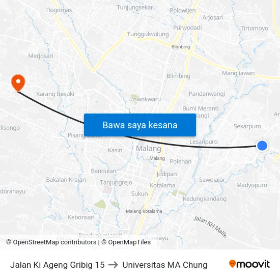 Jalan Ki Ageng Gribig 15 to Universitas MA Chung map