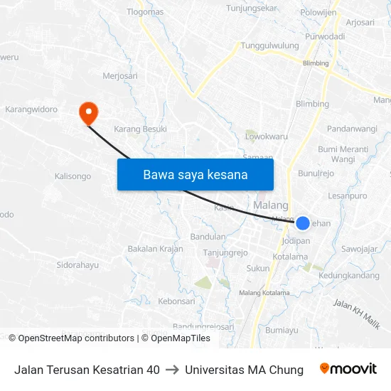 Jalan Terusan Kesatrian 40 to Universitas MA Chung map