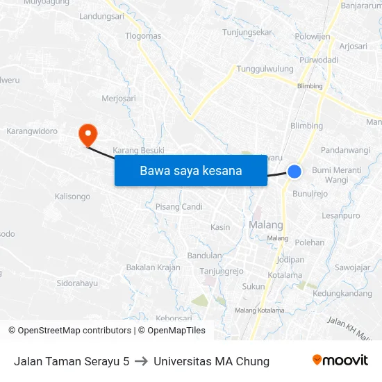 Jalan Taman Serayu 5 to Universitas MA Chung map