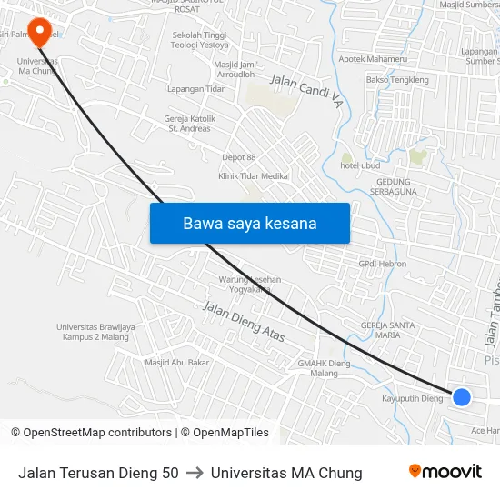 Jalan Terusan Dieng 50 to Universitas MA Chung map