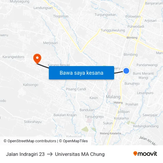 Jalan Indragiri 23 to Universitas MA Chung map
