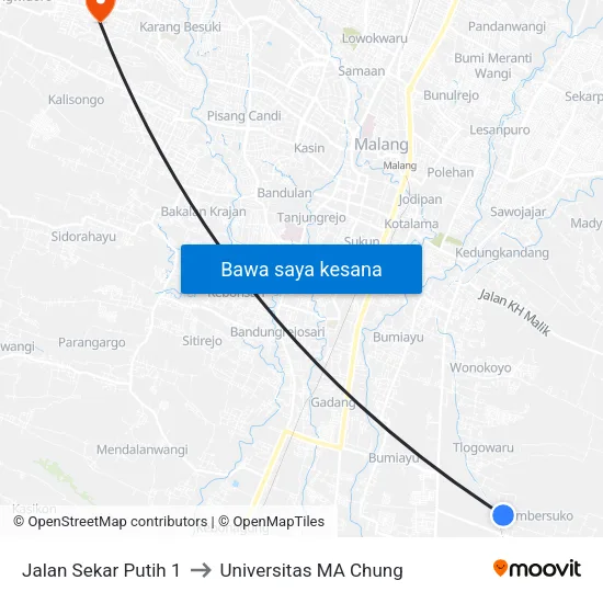 Jalan Sekar Putih 1 to Universitas MA Chung map