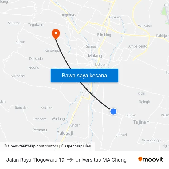 Jalan Raya Tlogowaru 19 to Universitas MA Chung map