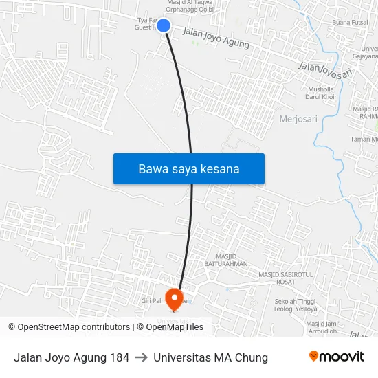 Jalan Joyo Agung 184 to Universitas MA Chung map