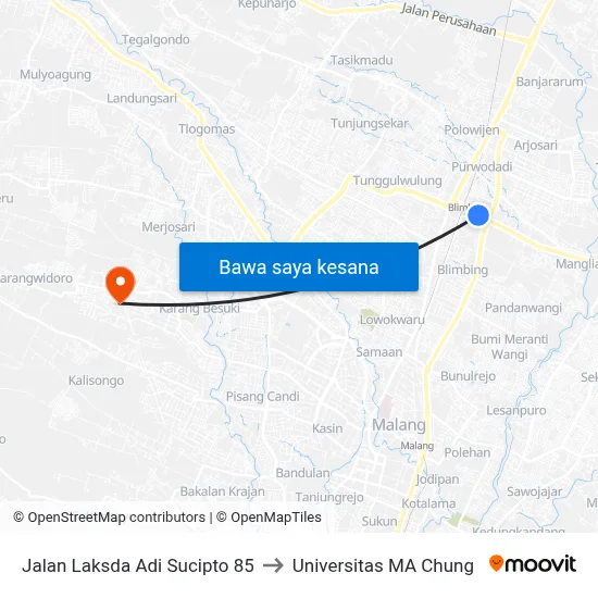 Jalan Laksda Adi Sucipto 85 to Universitas MA Chung map