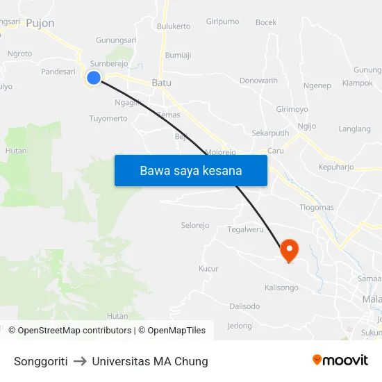 Songgoriti to Universitas MA Chung map