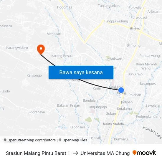 Stasiun Malang Pintu Barat 1 to Universitas MA Chung map