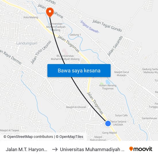 Jalan M.T. Haryono 213 to Universitas Muhammadiyah Malang map