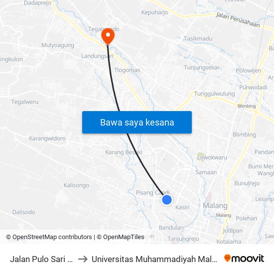 Jalan Pulo Sari 25 to Universitas Muhammadiyah Malang map