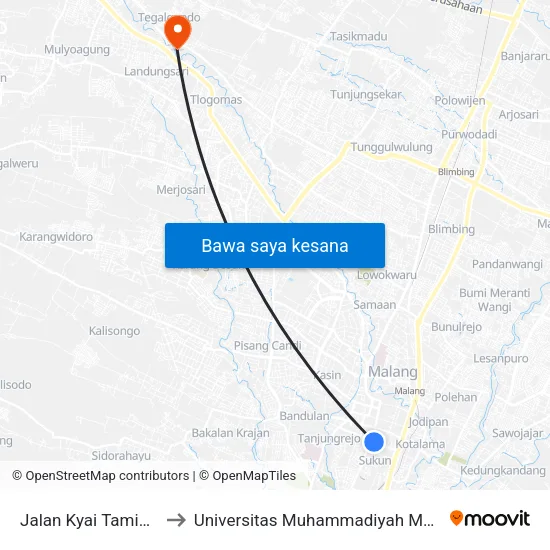 Jalan Kyai Tamin 20 to Universitas Muhammadiyah Malang map