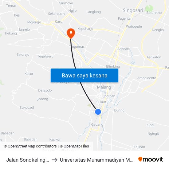 Jalan Sonokeling 41 to Universitas Muhammadiyah Malang map