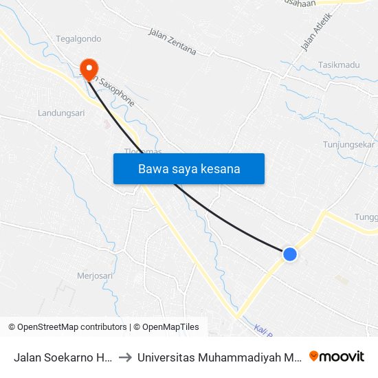 Jalan Soekarno Hatta to Universitas Muhammadiyah Malang map