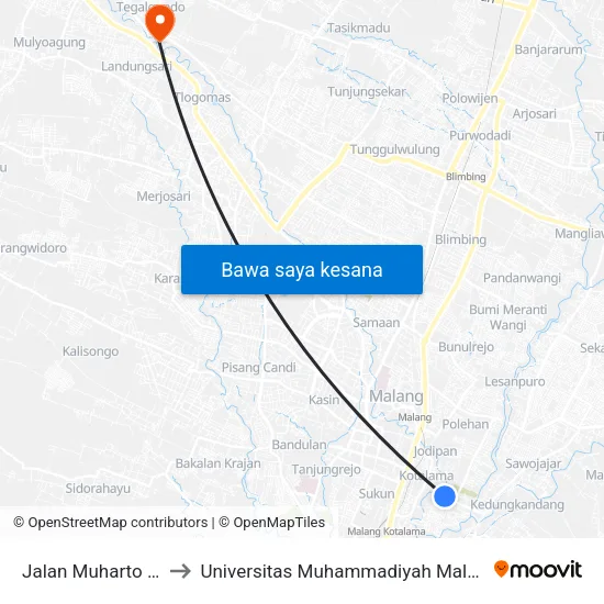 Jalan Muharto 50 to Universitas Muhammadiyah Malang map