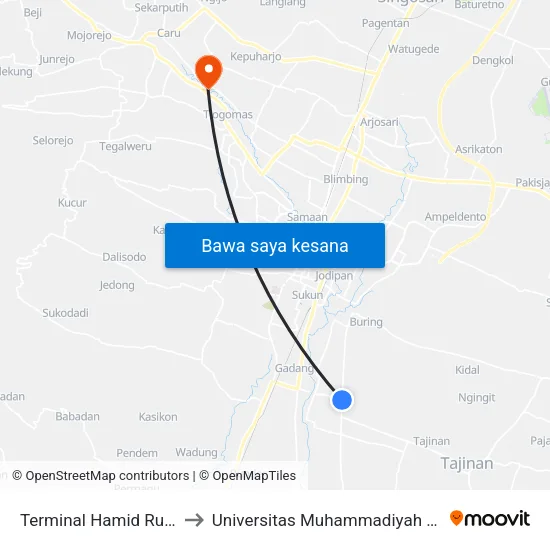 Terminal Hamid Rusidi 2 to Universitas Muhammadiyah Malang map