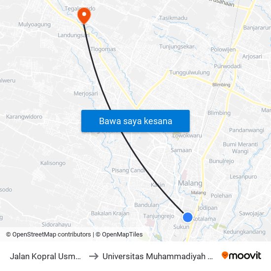 Jalan Kopral Usman 16 to Universitas Muhammadiyah Malang map