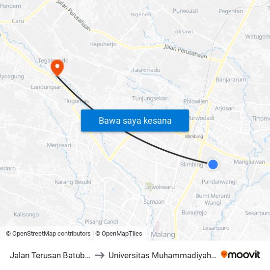 Jalan Terusan Batubara 88 to Universitas Muhammadiyah Malang map