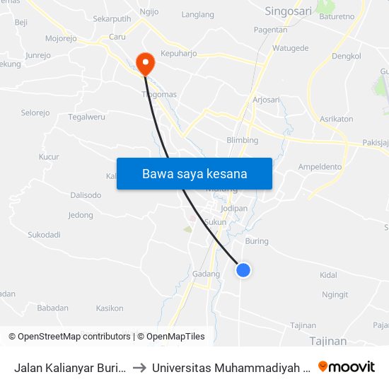 Jalan Kalianyar Buring 79 to Universitas Muhammadiyah Malang map