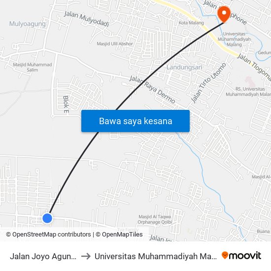 Jalan Joyo Agung 4 to Universitas Muhammadiyah Malang map